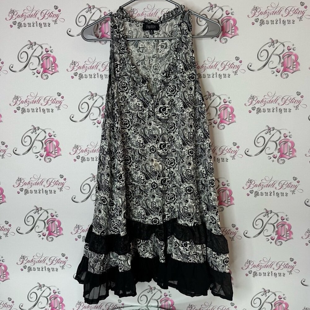 Papillon dress ruffle frilly loose flowy boho Blanc Monochrome Paisley Dress